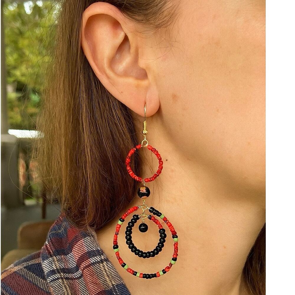 Red Art Glass Beaded Long Black Wood Drop Earrings Pierced  2.5 inch